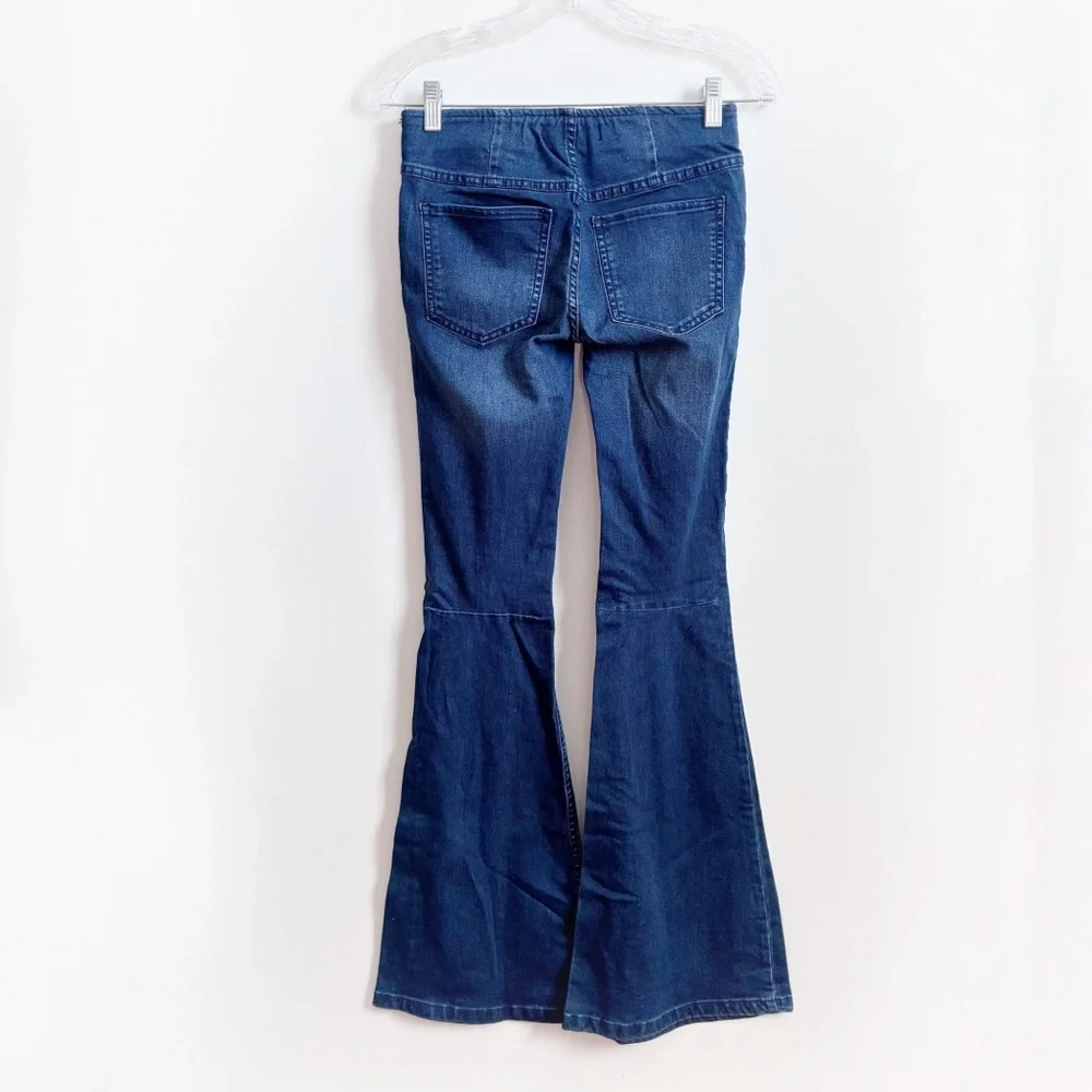 Free People Penny Pull On Jeans blue denim faded flare wide leg stretchy